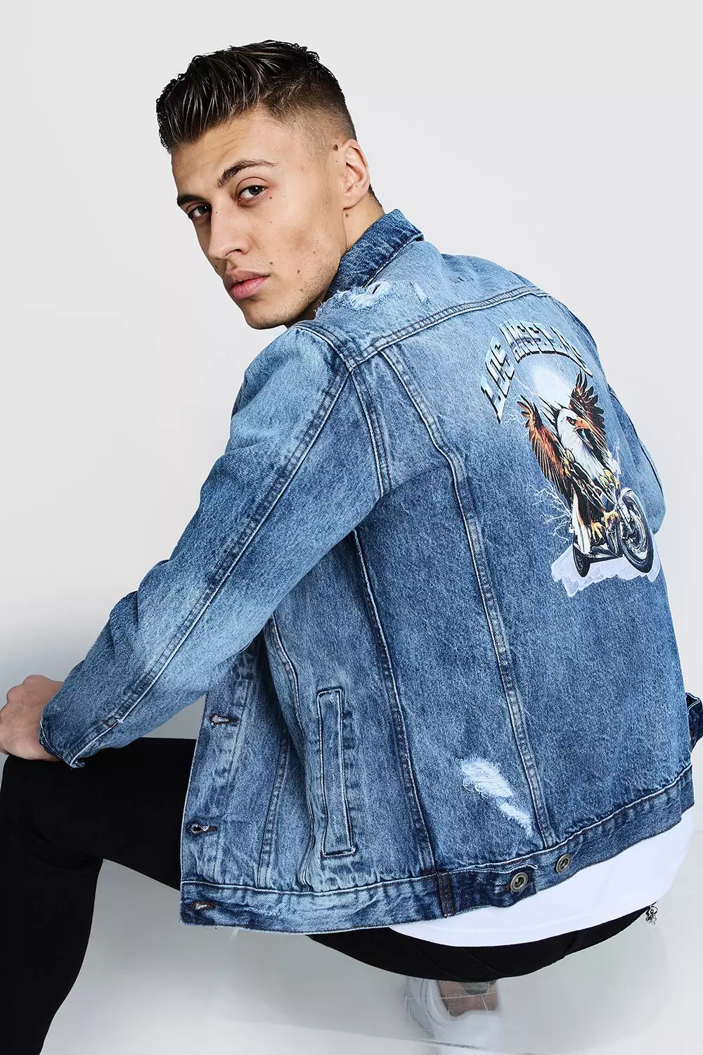 Printed denim jacket best sale